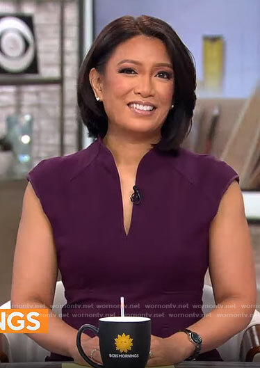 Elaine Quijano's purple split-neck dress on CBS Mornings