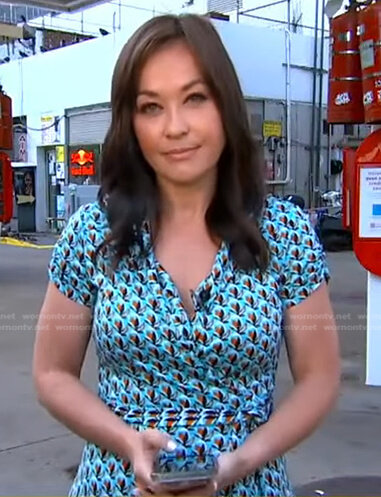 Eva’s blue printed wrap dress on Good Morning America