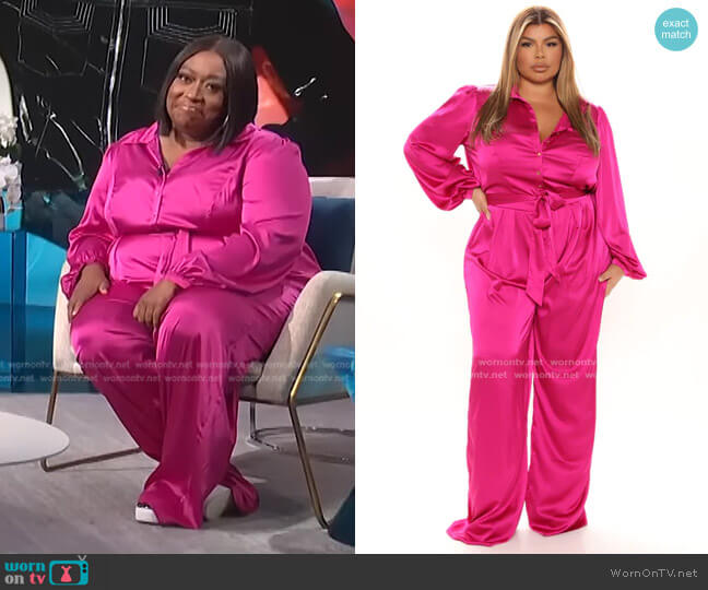 Leilah Satin Solid Jumpsuit by Fashion Nova worn by Loni Love on E! News