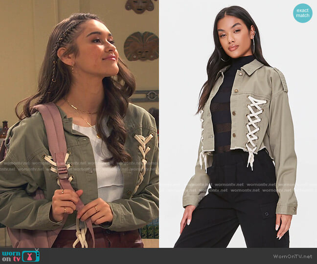 Dual Lace-Up Jacket by Forever 21 worn by Cami Rivera (Marissa Reyes) on Ravens Home