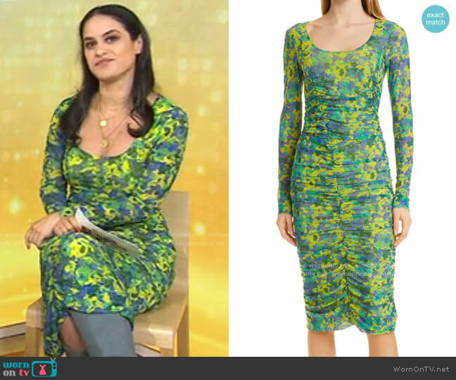 Print Ruched Long Sleeve Mesh Midi Dress by Ganni worn by Donna Farizan on Today