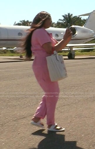 Garcelle's pink short sleeve boiler suit on The Real Housewives of Beverly Hills