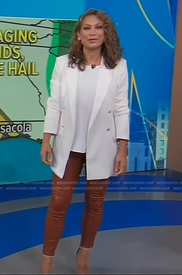 Ginger’s white blazer and brown leggings on Good Morning America