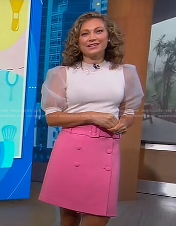 Ginger's white sheer puff sleeve top and pink skirt on Good Morning America