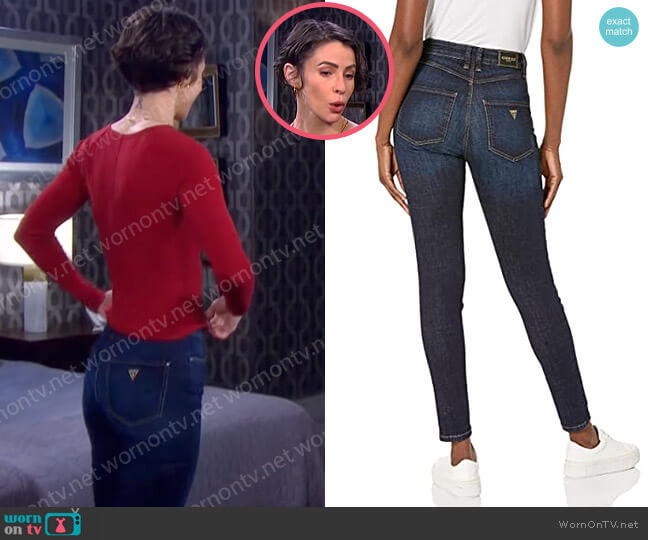 Super High Yoke Stitch Detail Skinny Jeans by Guess worn by Sarah Horton (Linsey Godfrey) on Days of our Lives