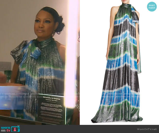 Elizabeth Metallic Striped Gown by Halston x Netflix worn by Garcelle Beauvais  on The Real Housewives of Beverly Hills