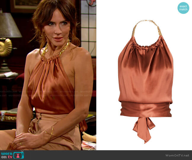 Hamur Power Chain-Trimmed Silk Halter Top worn by Taylor Hayes (Krista Allen) on The Bold & the Beautiful