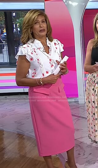 Hoda's white print top and pink pencil skirt on Today