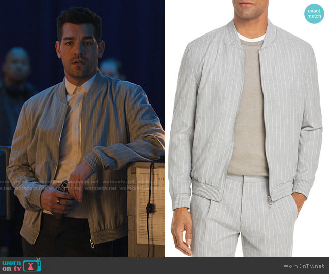 HUGO Pinstriped Bomber Jacket worn by Darcy Leeds (Matt Rogers) on I Love That For You
