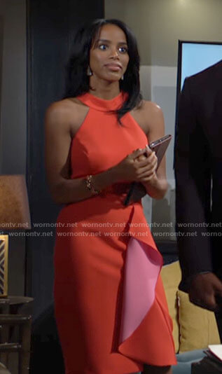 Imani’s red dress with pink ruffle front on The Young and the Restless