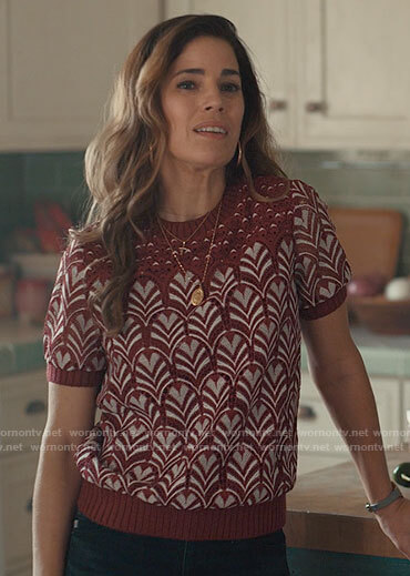 Isabel's red patterned short sleeve sweater on Love Victor