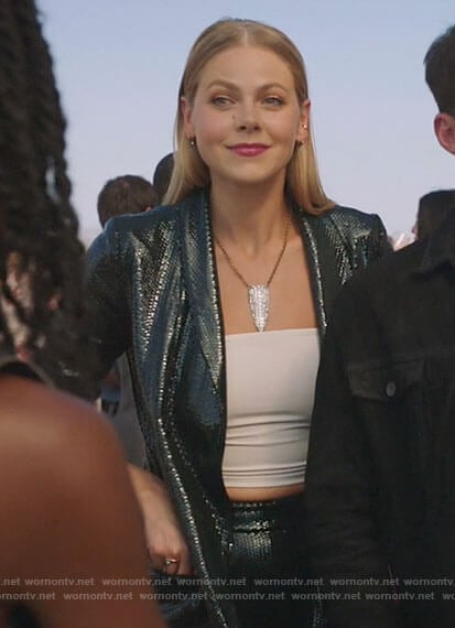 Isobel’s black sequin suit and white crop top on Roswell New Mexico