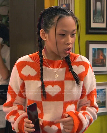 Ivy's orange heart check sweater on Ravens Home