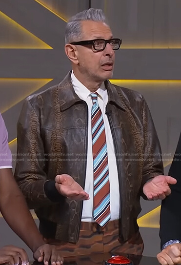 Jeff Goldblum’s brown snake print leather jacket on The Kelly Clarkson Show