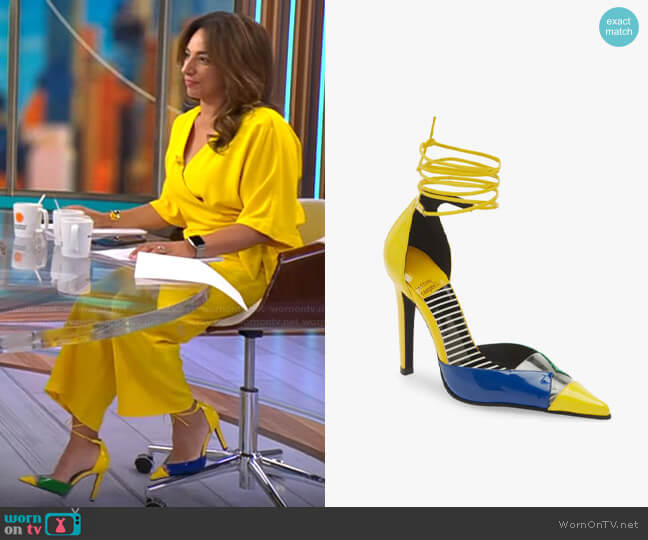 Jeffrey Campbell Ovio Pump in Yellow Pat Stripe Multi worn by Michelle Miller on CBS Mornings