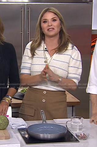 Jenna's white striped knit polo and brown skirt on Today