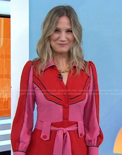 Jennifer Nettles’s red and pink colorblock dress on Today