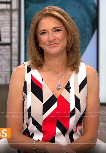 Jill Schlesinger’s geometric print v-neck dress on CBS Mornings