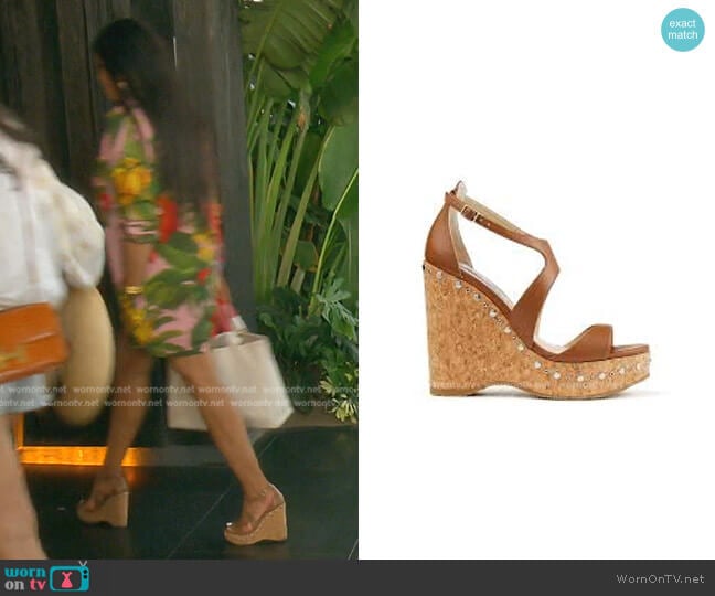 Cuoio Nappa Wedge Sandals with Silver Stud Embellishment by Jimmy Choo worn by Garcelle Beauvais on The Real Housewives of Beverly Hills