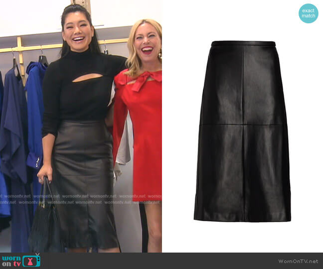 Doreen Cross Seamed Faux Leather Midi Skirt by Joe's Jeans worn by Crystal Kung Minkoff on The Real Housewives of Beverly Hills