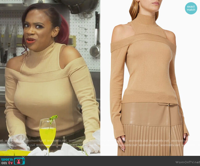 Off-the-shoulder ribbed-knit sweater by Jonathan Simkhai worn by Kandi Burruss on The Real Housewives of Atlanta