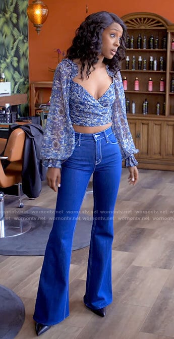 Karen's blue printed wrap top and flare jeans on Tyler Perrys Sistas