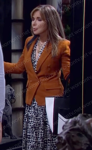 Kate’s printed v-neck dress and orange blazer on Days of our Lives
