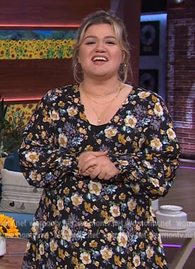 Kelly’s black floral print mini dress on The Kelly Clarkson Show