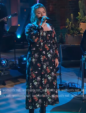 Kelly’s black floral print square neck dress on The Kelly Clarkson Show