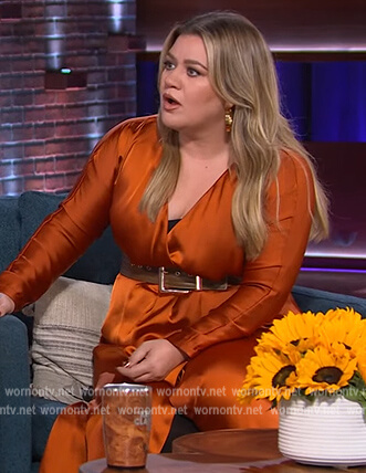 Kelly's orange satin wrap dress on The Kelly Clarkson Show