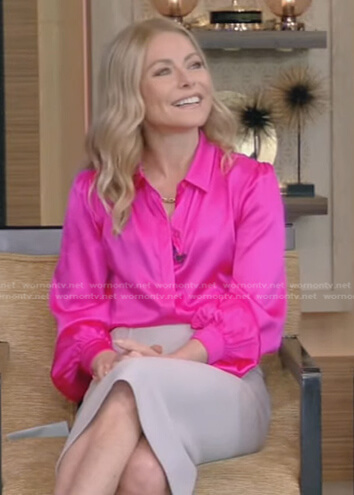 Kelly's pink satin blouse and grey pencil skirt on Live with Kelly and Ryan