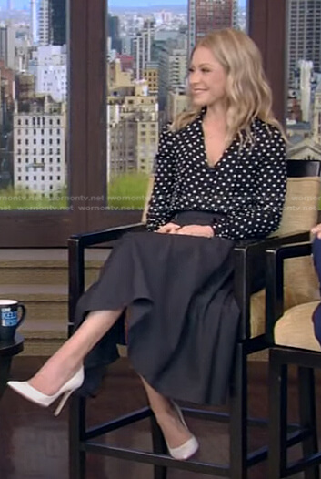 Kelly’s black polka dot blouse and skirt on Live with Kelly and Ryan