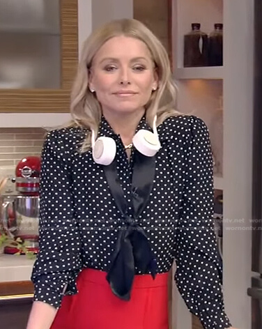 Kelly’s black polka dot blouse with satin tie and skirt on Live with Kelly and Ryan