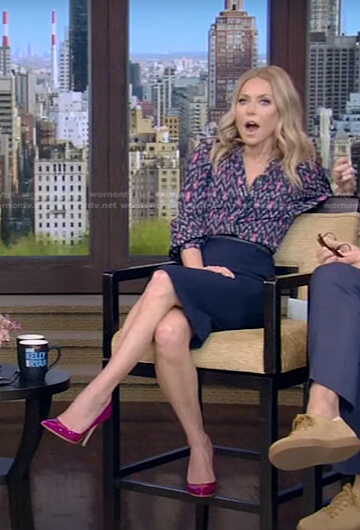 Kelly’s print blouse and navy skirt on Live with Kelly and Ryan