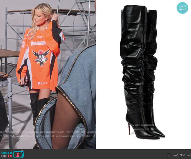 Jahleel leather over-the-knee boots by Amina Muaddi worn by Khloe Kardashian (Khloe Kardashian) on The Kardashians