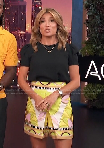 Kit’s black top and printed shorts on Access Hollywood