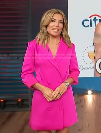 Kit’s pink satin blazer dress on Access Hollywood