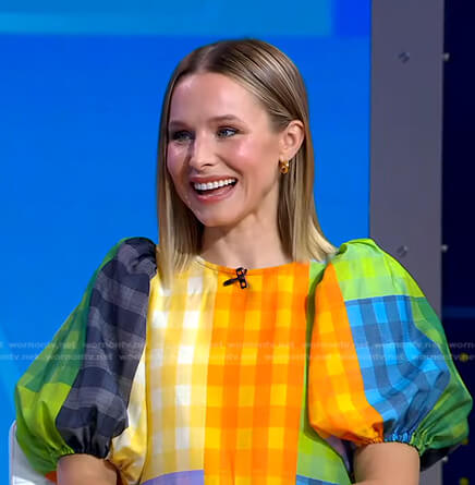 Kristen Bell’s multicolor check puff sleeve top and pants on Good Morning America