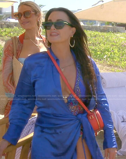 Kyle’s blue wrap dress and green sunglasses on The Real Housewives of Beverly Hills