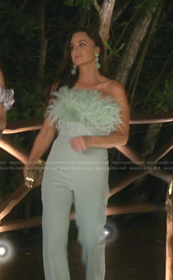 Kyle’s mint green feather trim jumpsuit on The Real Housewives of Beverly Hills