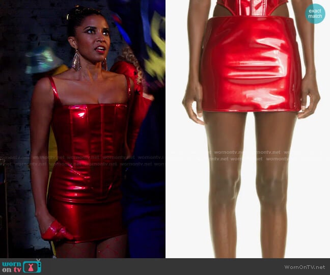 LaQuan Smith Low Slung PVC Miniskirt worn by Wickie Roy (Renée Elise Goldsberry) on Girls5eva