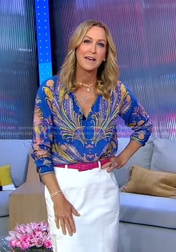 Lara's blue feather print blouse on Good Morning America