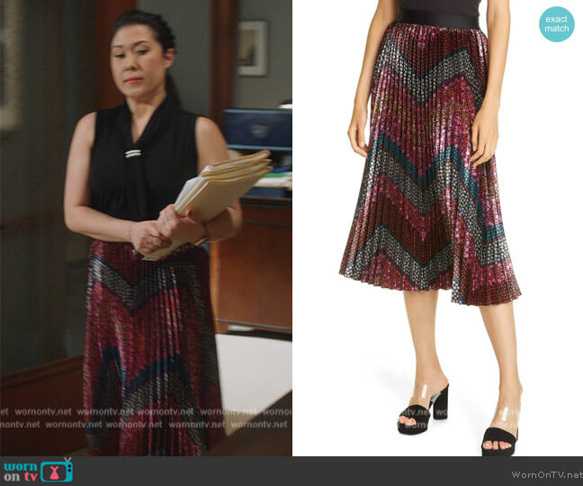 Floral Metallic Pleated Skirt by Le Superbe worn by Sherri Kansky (Ruthie Ann Miles) on All Rise