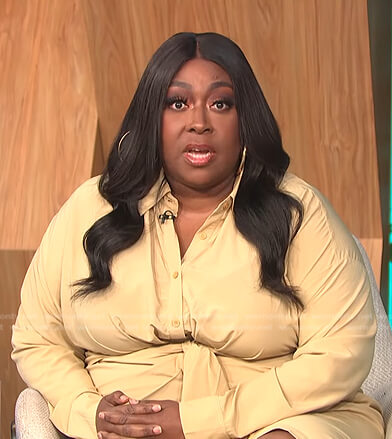 Loni’s beige tie front shirtdress on E! News Daily Pop