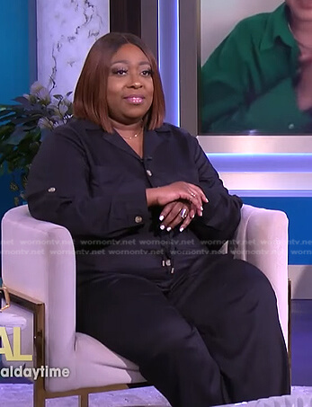 Loni's black button front jumpsuit on The Real