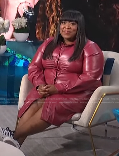 Loni's wine red leather shirtdress on E! News Daily Pop
