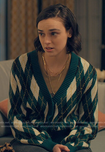 Lucy's green argyle cardigan on Love Victor