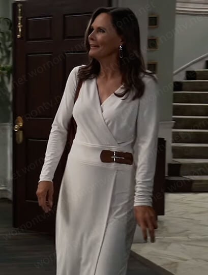 Lucy’s white buckle wrap dress on General Hospital