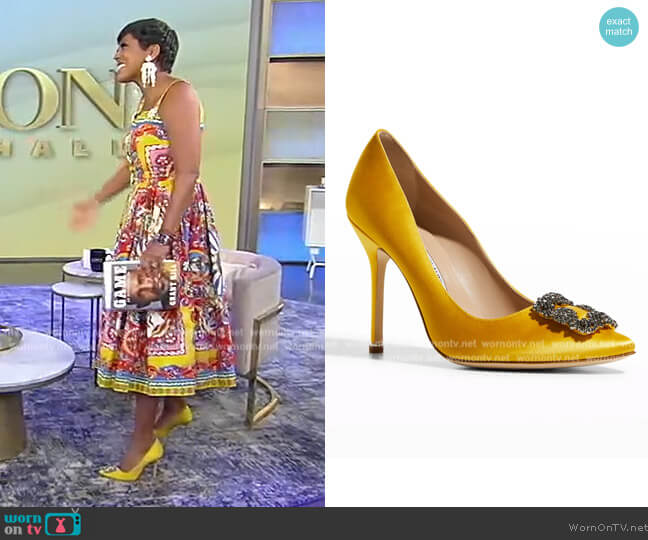 Hangisi Crystal Buckle Satin Pumps by Manolo Blahnik worn by Tamron Hall  on Tamron Hall Show
