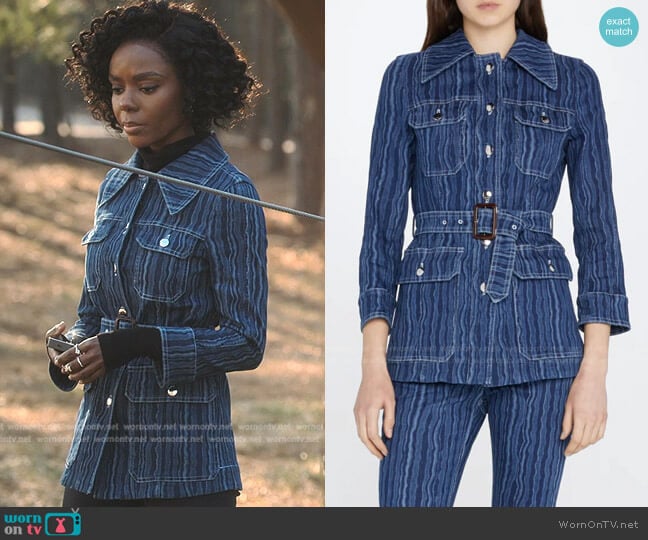 Wave-Print Belted Safari Denim Jacket by Marni worn by Zenzi Fullington (Ashleigh Murray) on Tom Swift